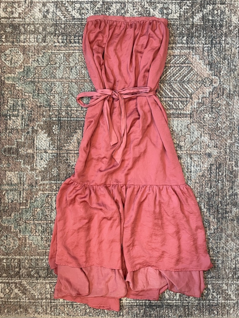 TCEC Strapless Maxi Dress Small Mauve Pink Satin Tie Waist Boho Wedding Guest